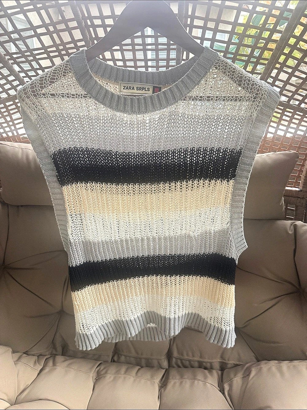 Zara Striped Open Knit Sweater Vest in Gray & Black 29